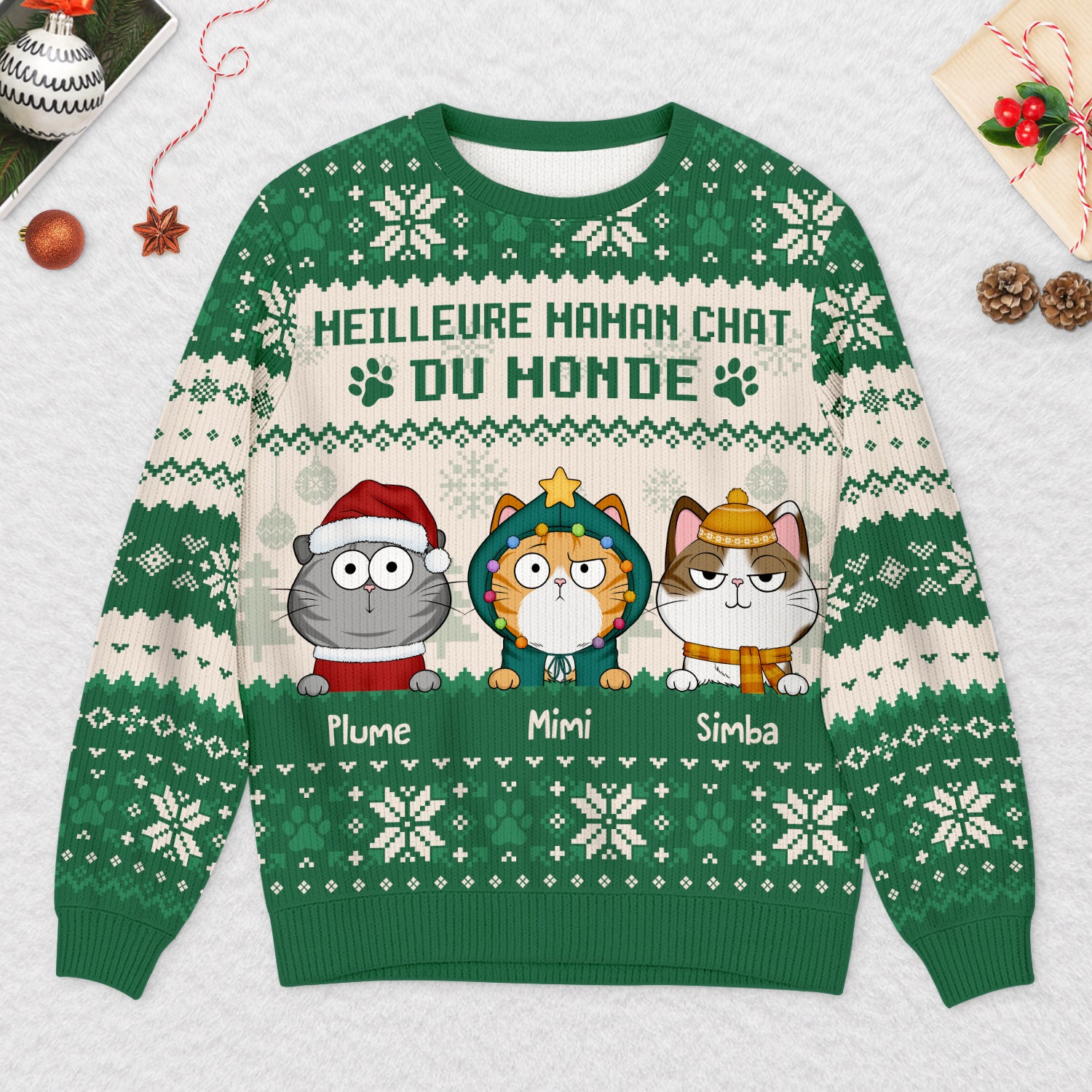 Pull De Noël Femme Humour Chat 3D - Sweat Polaire Chaud - Grande Taille - Col Rond