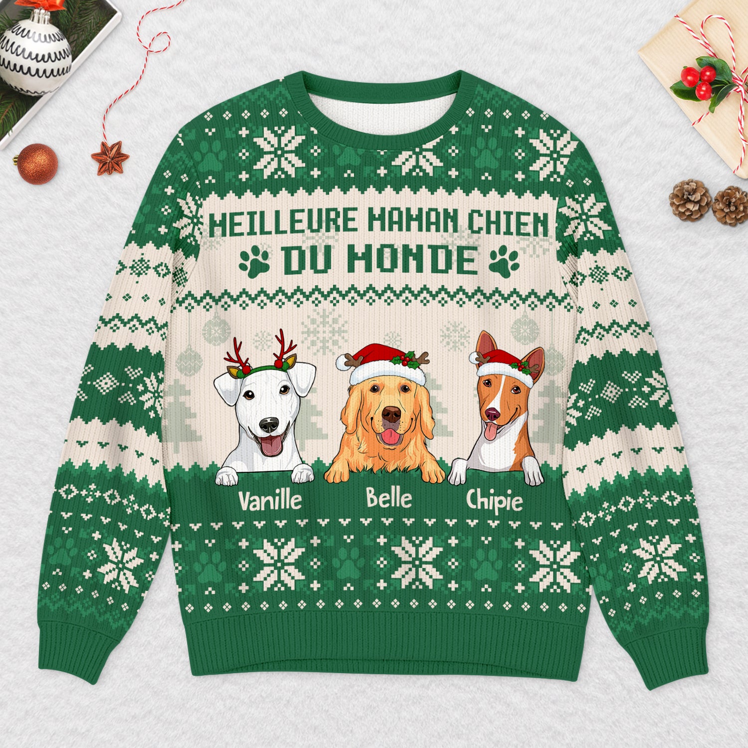 5652WFR2 pull moche de noel personnalise la vie est meilleure avec des chiens 5652wkznc