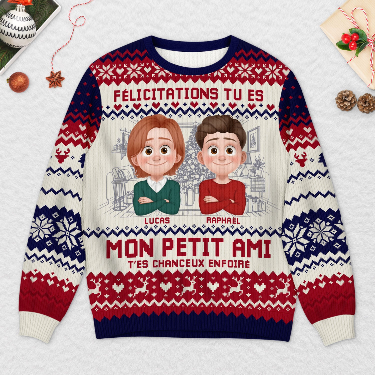 Pull De Noël Personnalisé Avec Photo - Pull Moche Noel Couple - Cadeau Plus