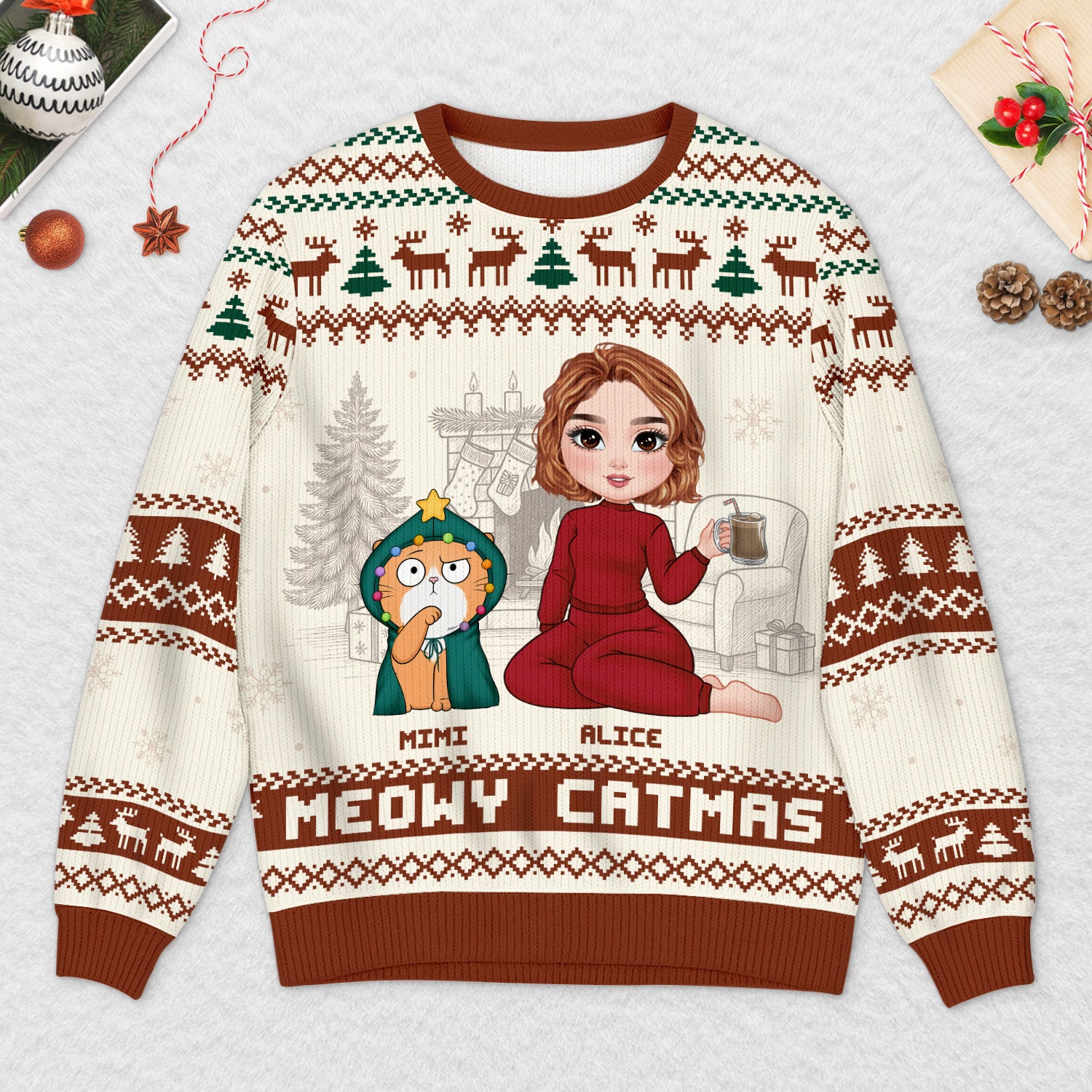 5668WFR2 pull moche chat de noel personnalise joyeux noel minou et moi 5668w6htd