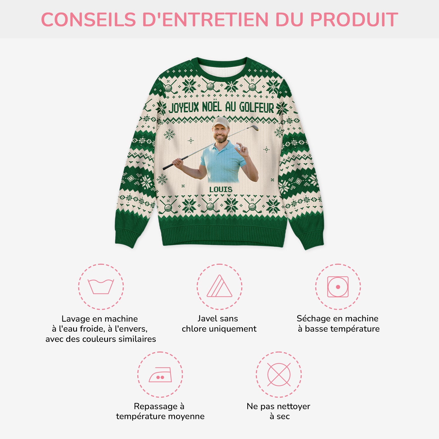 5686WFR4 pull moche personnalise avec photo joyeux noel au golfeur 5686wkmnb