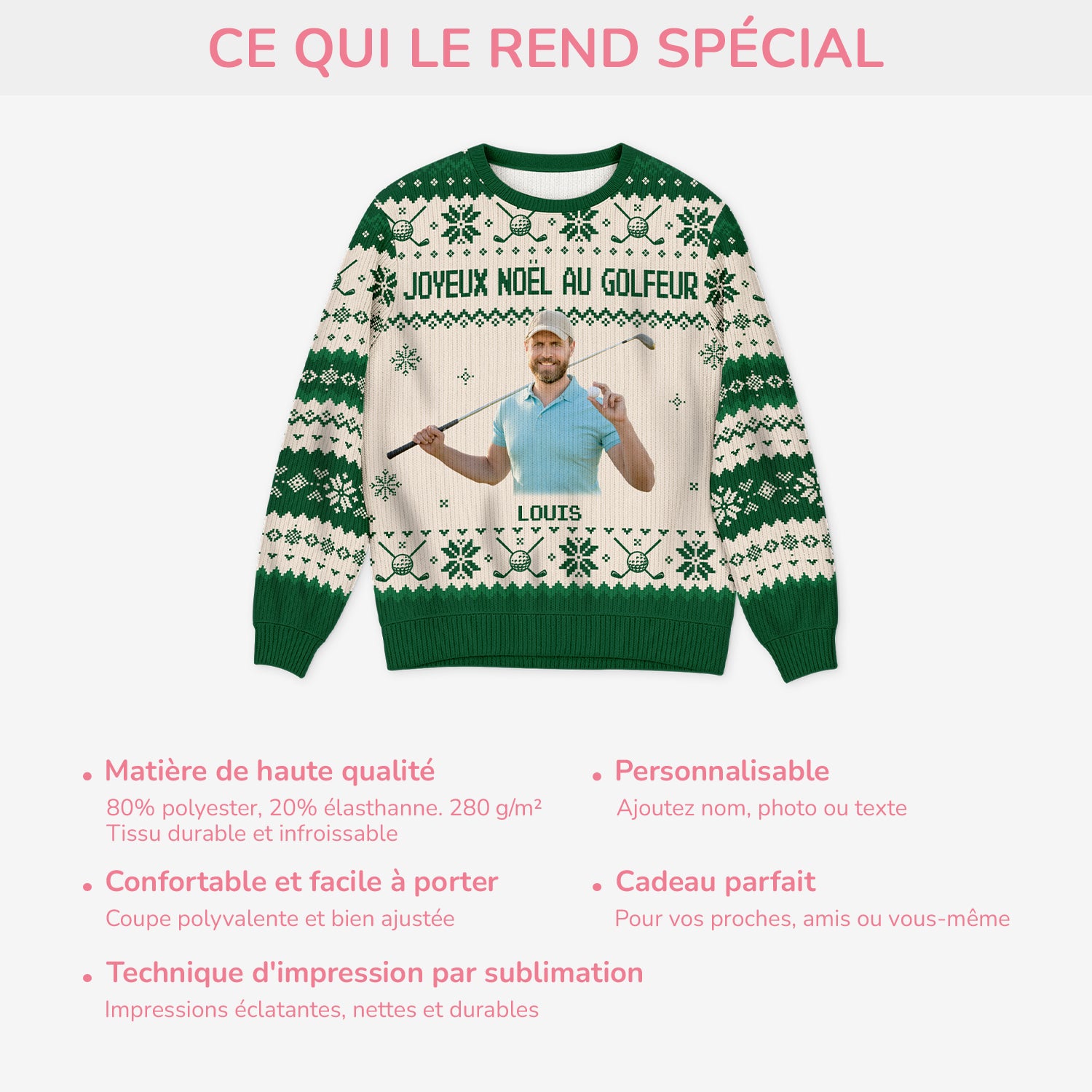 5686WFR5 pull moche personnalise avec photo joyeux noel au golfeur 5686wkmnb