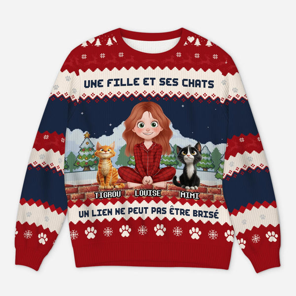 Une Fille Et Ses Chats Pull Moche De Noël Personnalisé Vive La