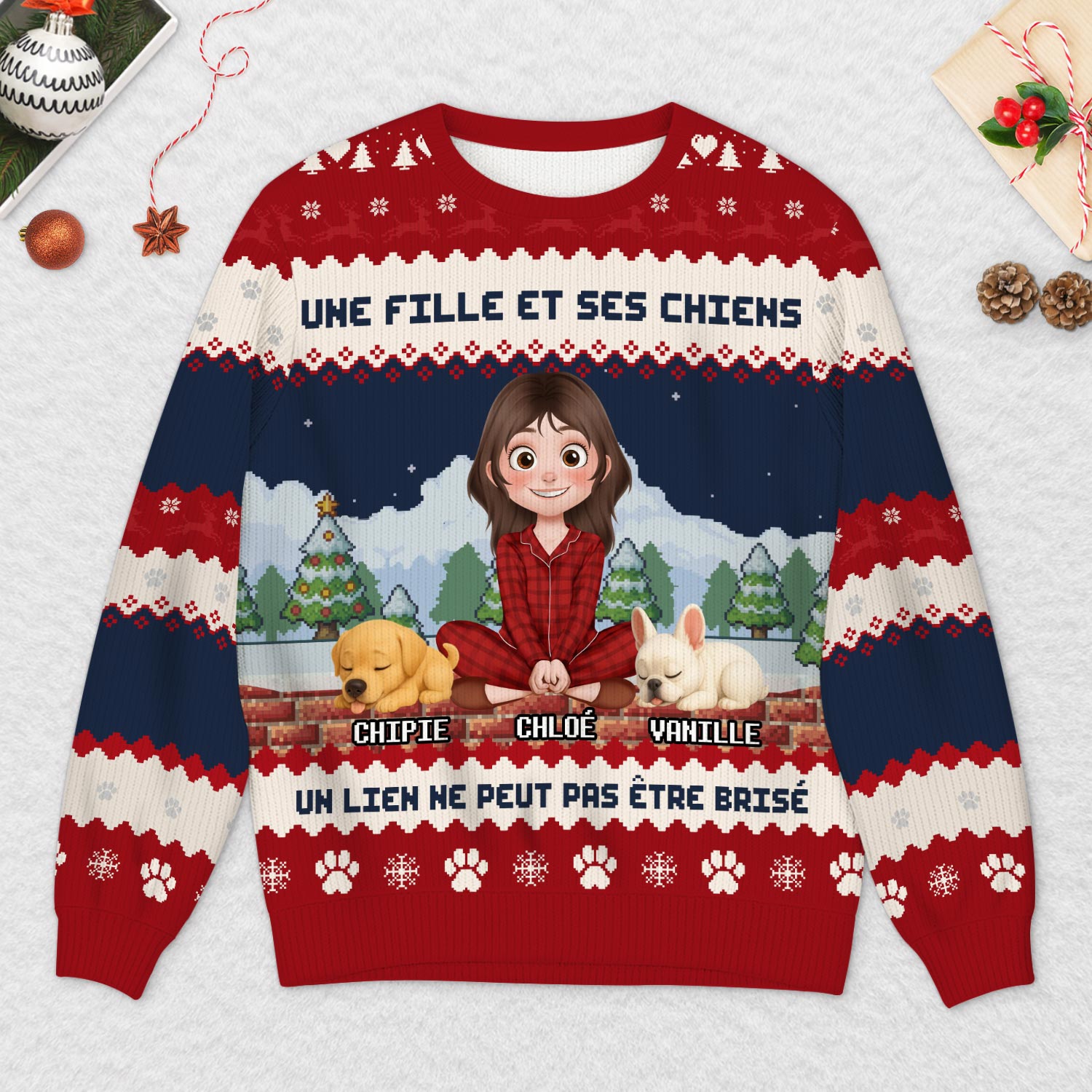 5709WFR2 pull moche de noel personnalise un homme et son chien 5709w8tac