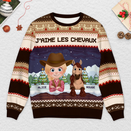 5742WFR2 pull moche de noel personnalise jaime les chevaux 5742w3fzu