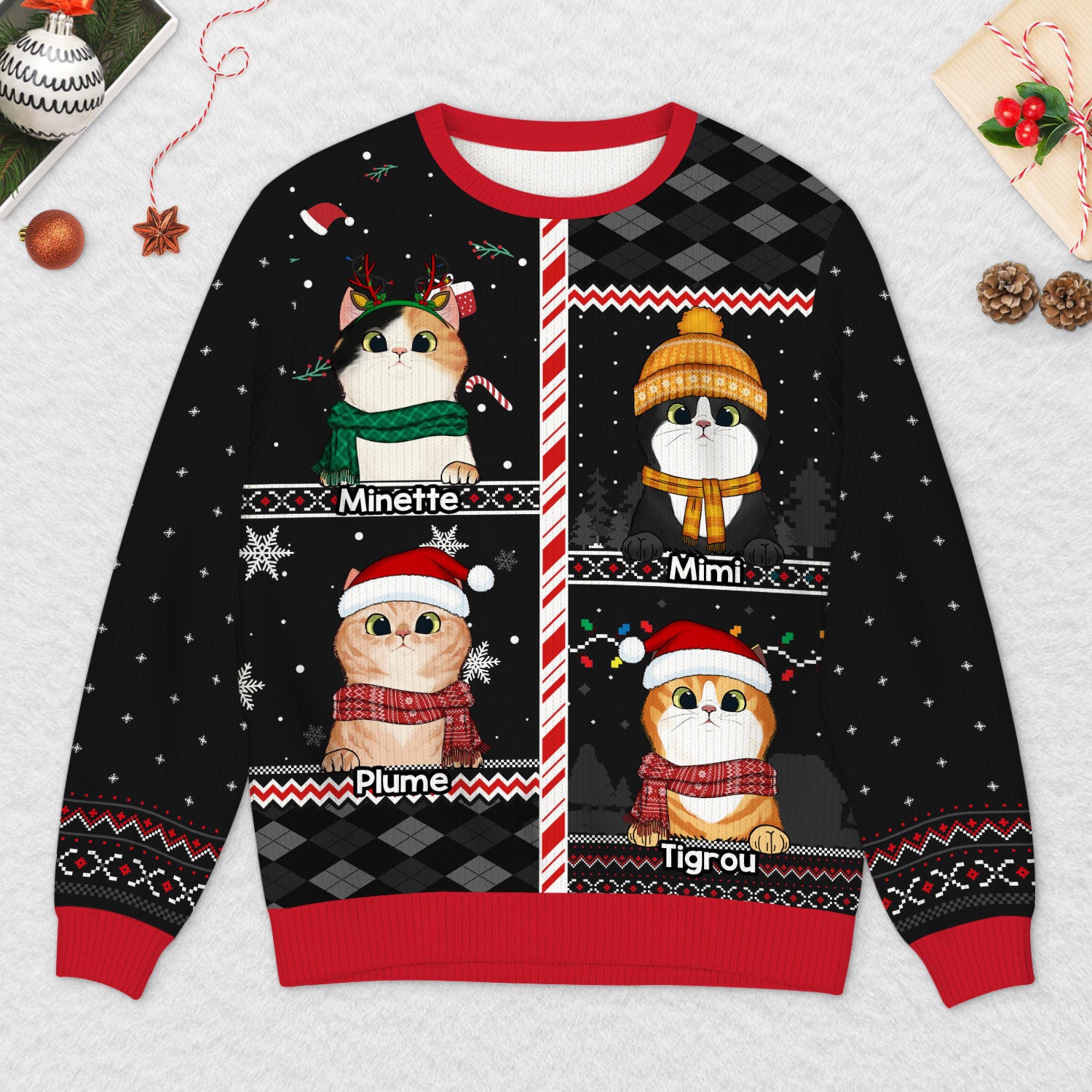 5772WFR2 pull moche de noel personnalise noel avec mes chats 5772wkyad