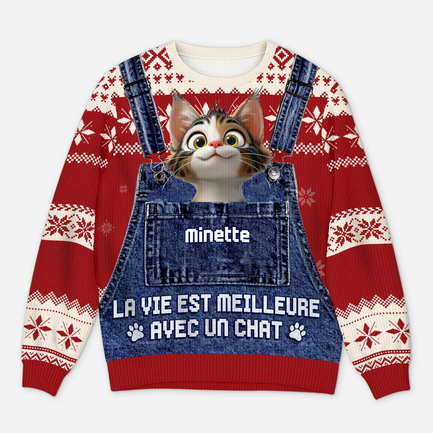5795WFR1 pull moche de noel personnalise avec photo la vie est meilleure avec un chat 5795w3lmd