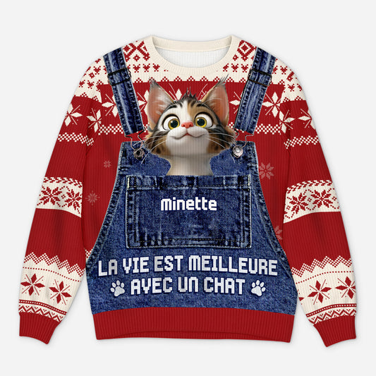 5795WFR1 pull moche de noel personnalise avec photo la vie est meilleure avec un chat 5795w3lmd