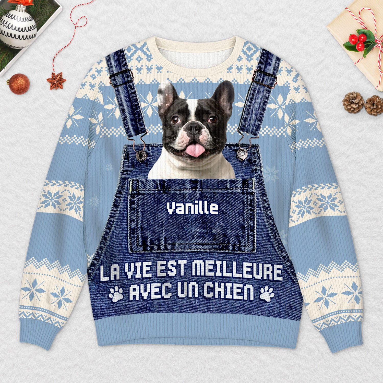 5795WFR2 pull moche de noel personnalise avec photo la vie est meilleure avec un chat 5795w3lmd