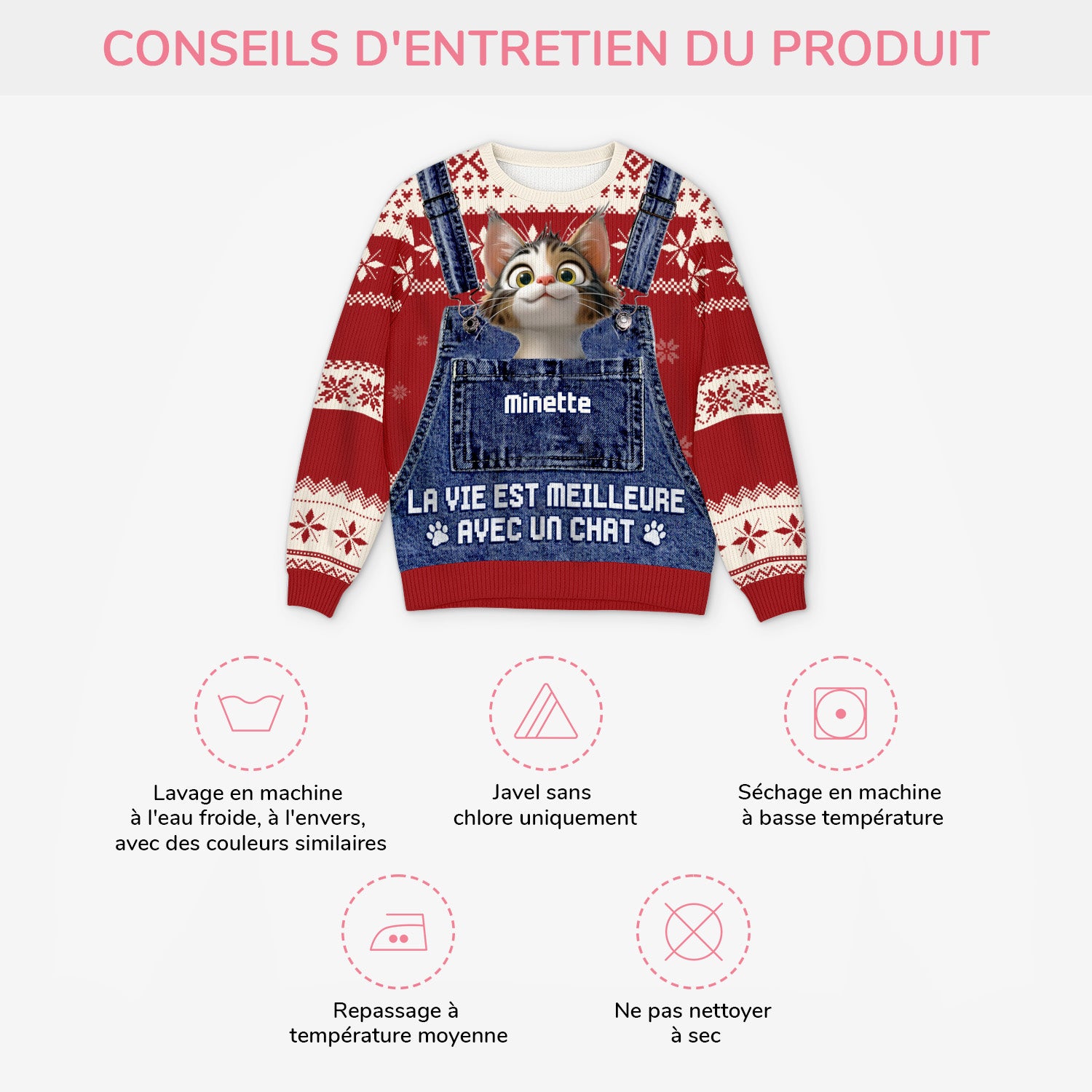 5795WFR4 pull moche de noel personnalise avec photo la vie est meilleure avec un chat 5795w3lmd