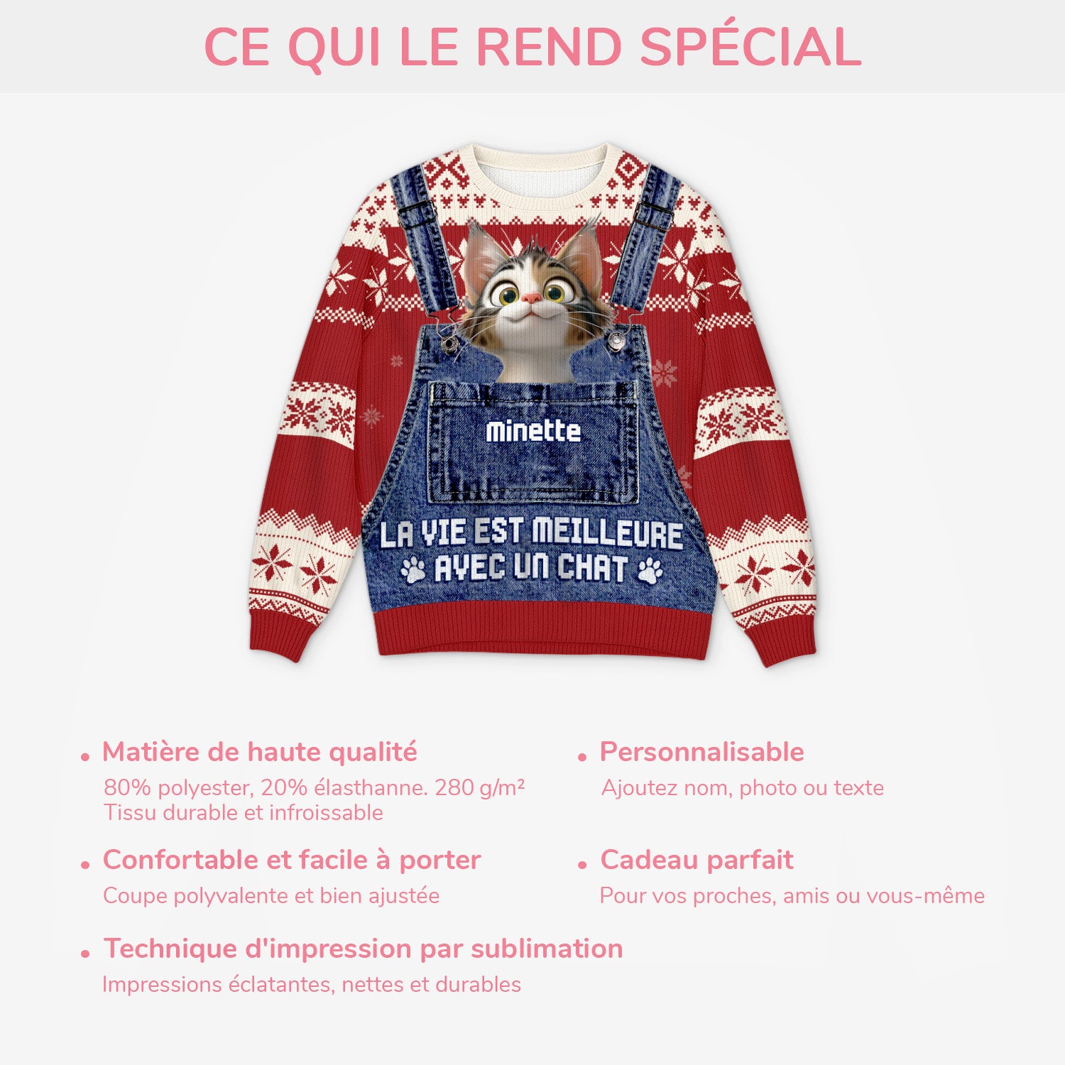 5795WFR5 pull moche de noel personnalise avec photo la vie est meilleure avec un chat 5795w3lmd