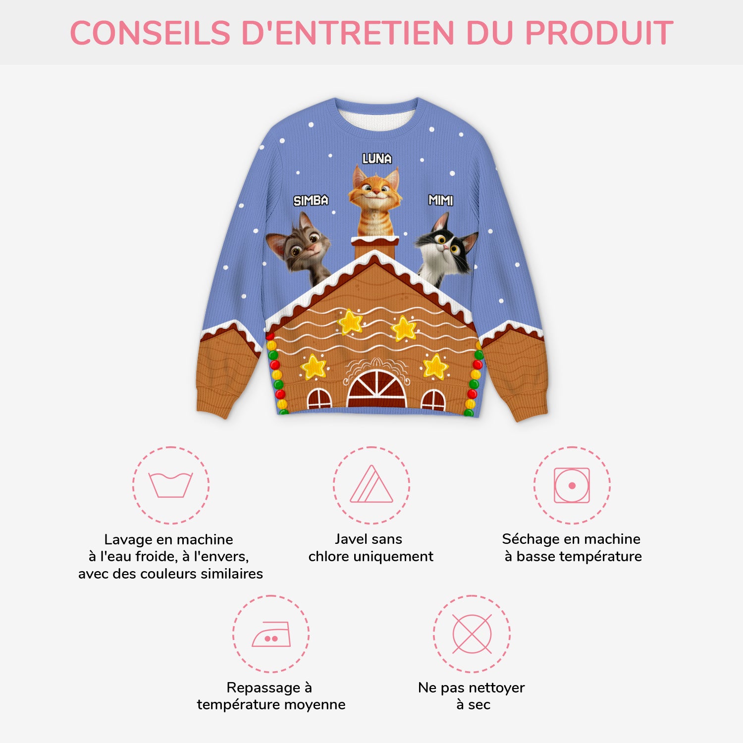 5796WFR4 pull moche de noel personnalise pere noel et des chats 5796w8ycd