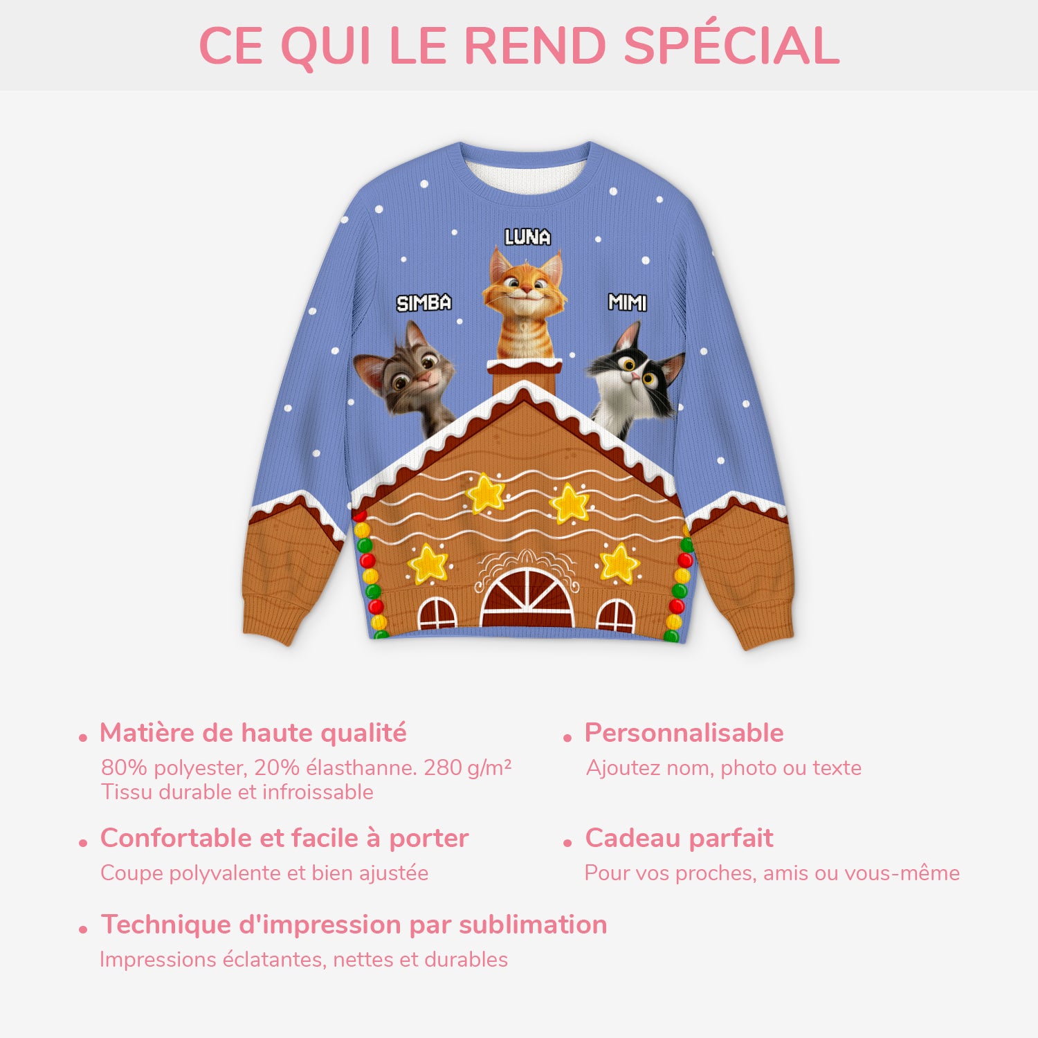 5796WFR5 pull moche de noel personnalise pere noel et des chats 5796w8ycd