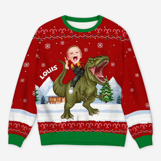5806WFR1 pull moche de noel enfant personnalise avec photo mon dinosaure 5806wtzak