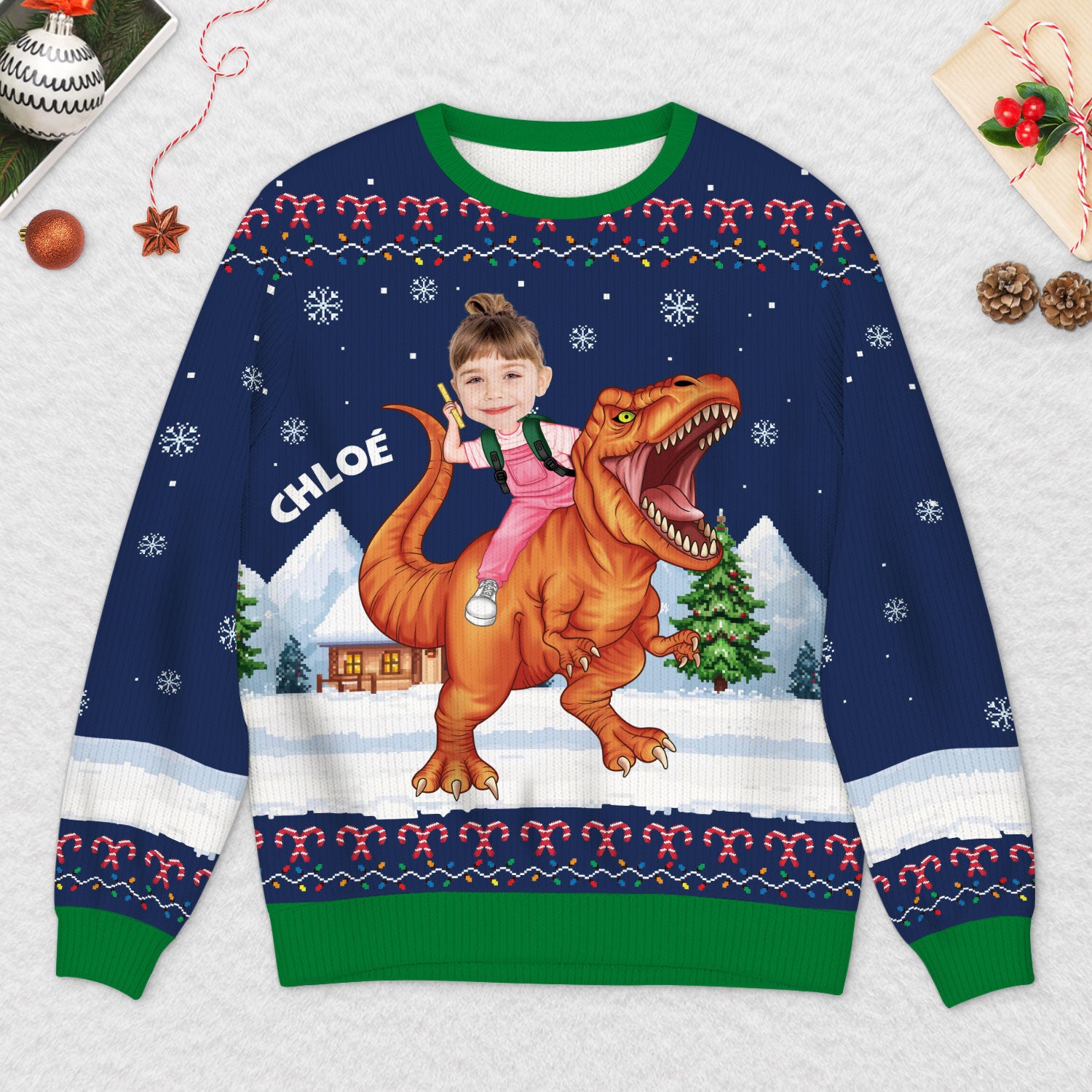 5806WFR2 pull moche de noel enfant personnalise avec photo mon dinosaure 5806wtzak
