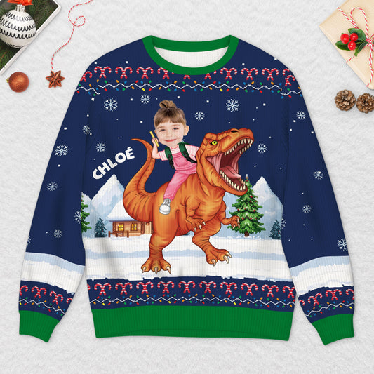 5806WFR2 pull moche de noel enfant personnalise avec photo mon dinosaure 5806wtzak