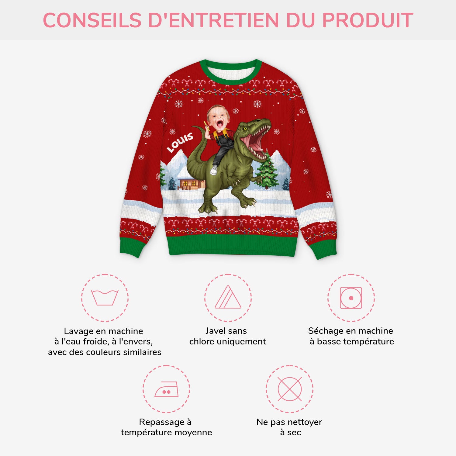5806WFR4 pull moche de noel enfant personnalise avec photo mon dinosaure 5806wtzak