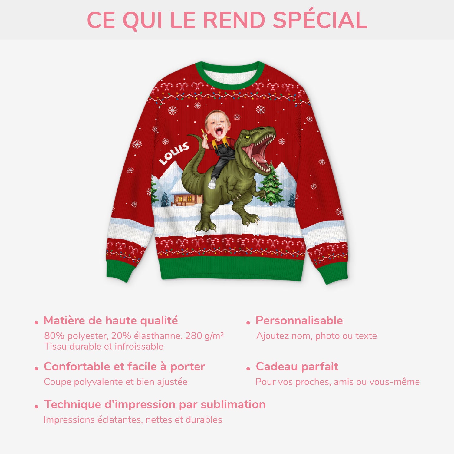 5806WFR5 pull moche de noel enfant personnalise avec photo mon dinosaure 5806wtzak