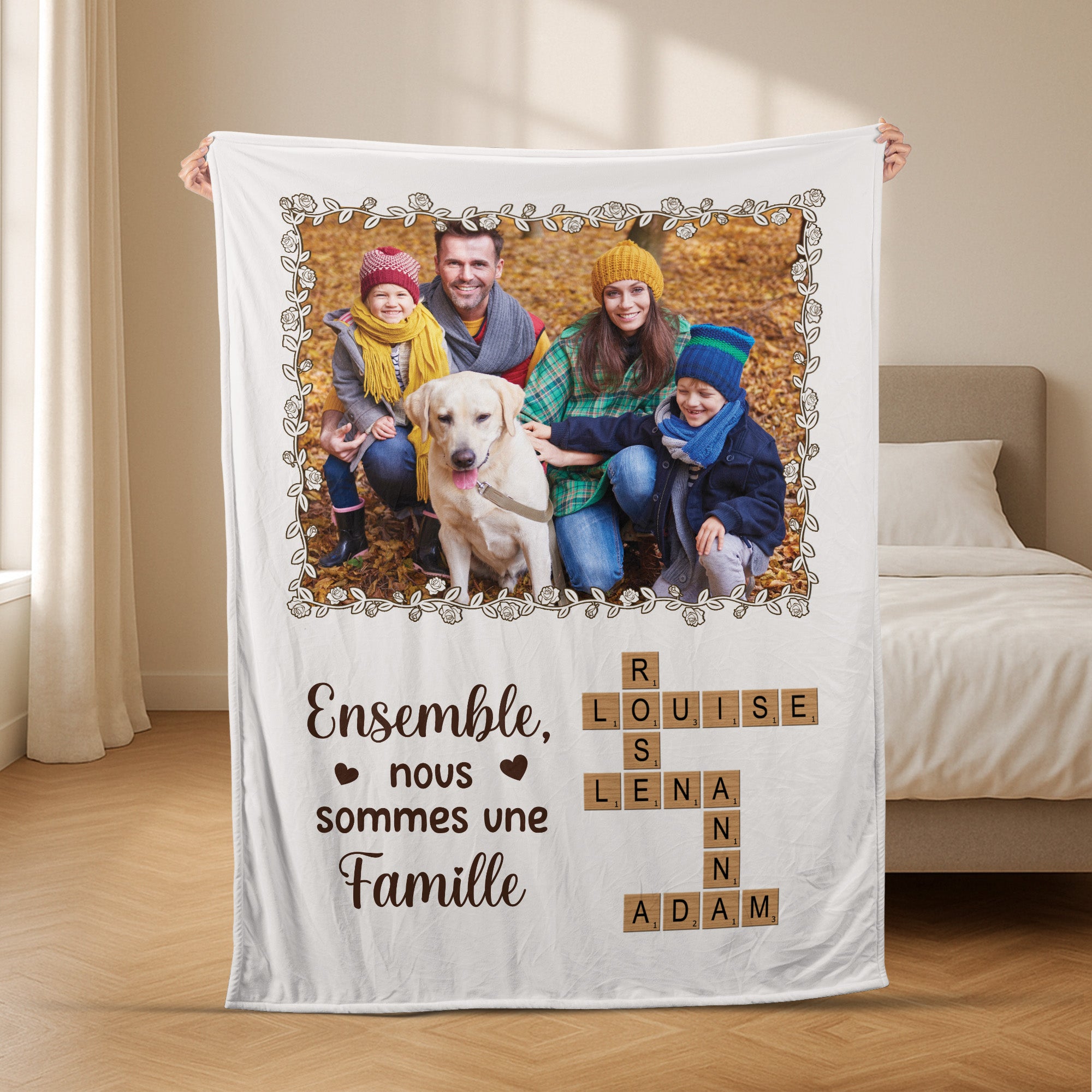 5929BFR2 plaid personnalise avec photo ensemble nous formons une famille avec mots croises 5929b6tmi