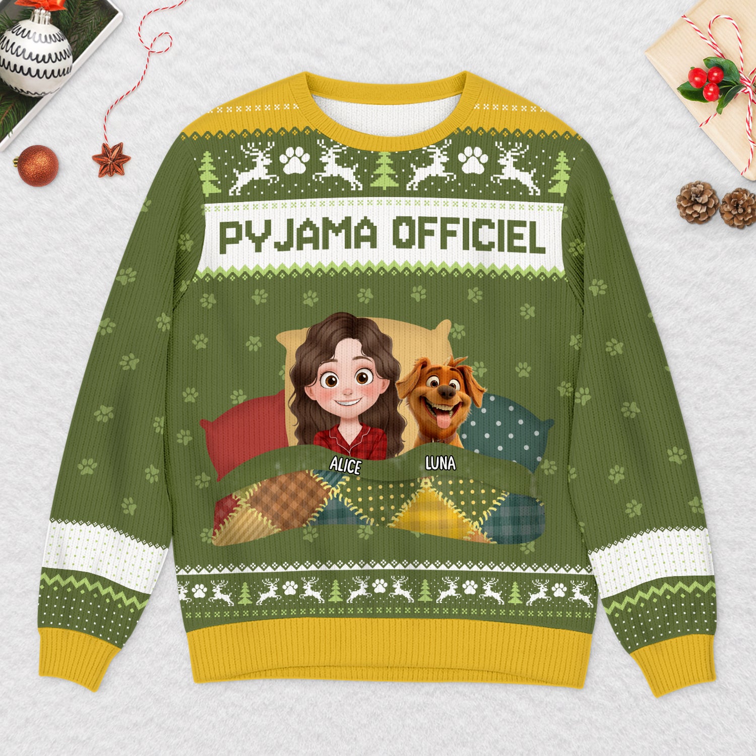 5947WFR2 pull de noel moche personnalise pyjama officiel avec chien 5947wklnc