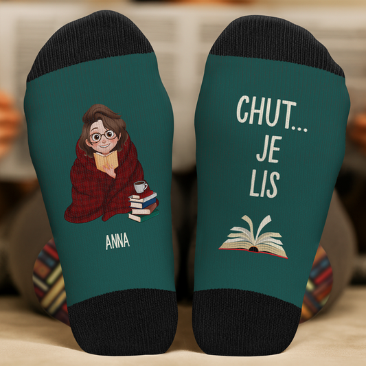 5959JFR2 chaussettes personnalisees pour les amoureux des livres chut je lis 5959j8tnb