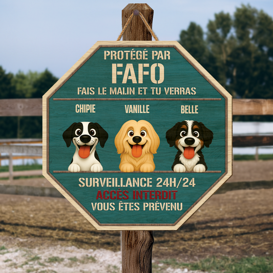 6021QFR2 plaque en bois personnalisee protege par le chien 6021qkt5c