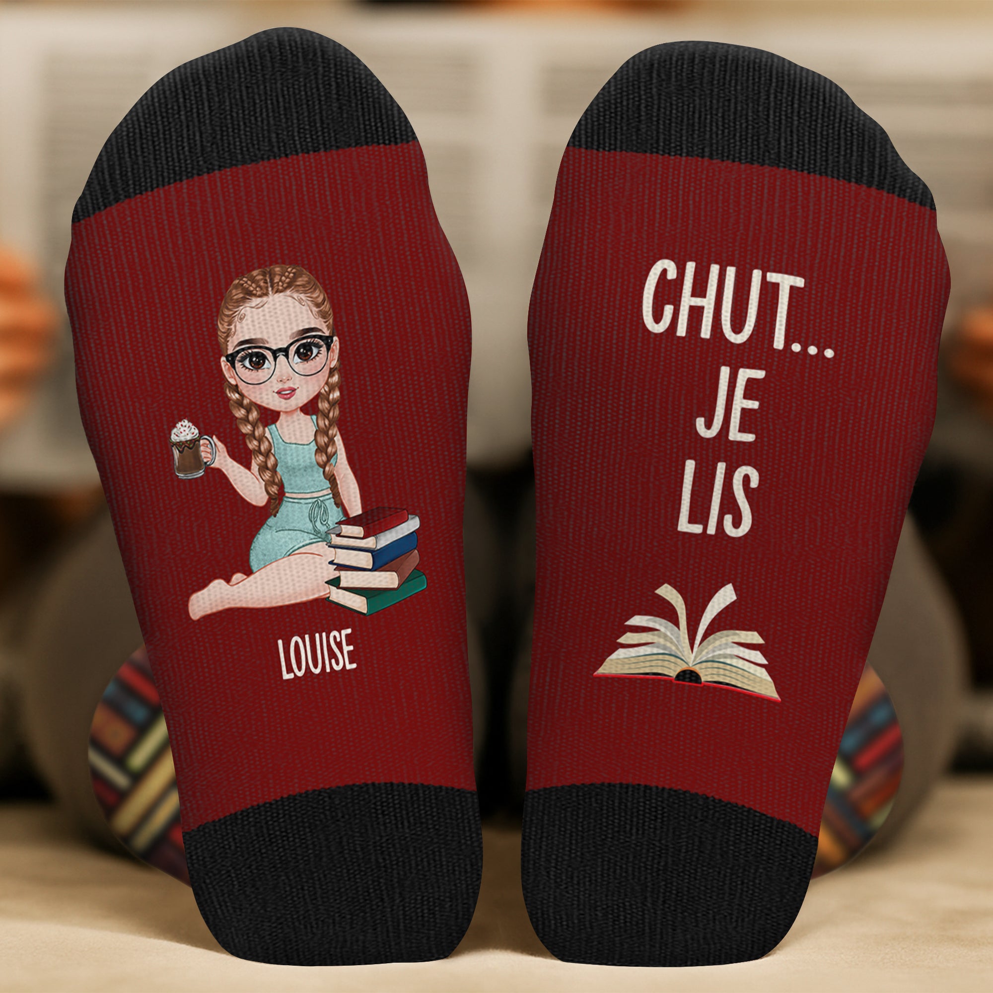 6029JFR2 chaussettes personnalisees chut une fille lit ses livres 6029j6q5a_e5503280 e489 4852 add4 402e77880b2e