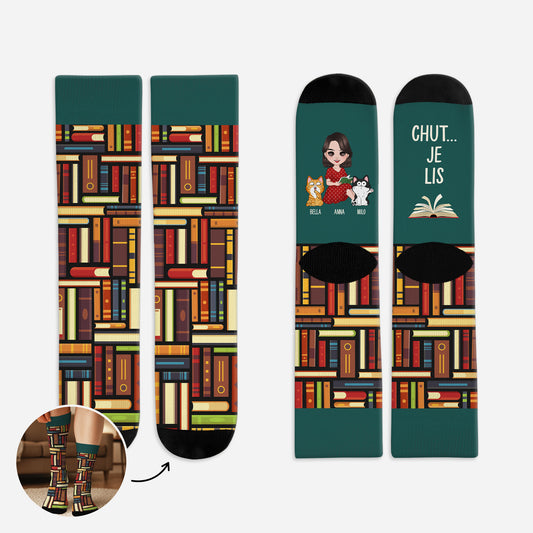 6034JFR1 chaussettes personnalisees pour les amoureux des livres chut je lis avec chat 6034j8lnd