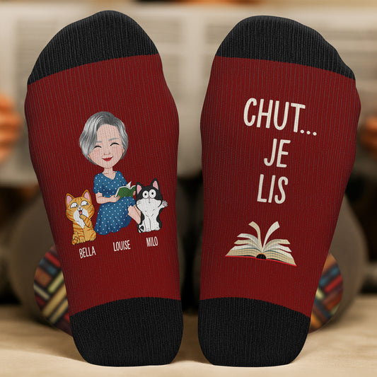 6034JFR2 chaussettes personnalisees pour les amoureux des livres chut je lis avec chat 6034j8lnd