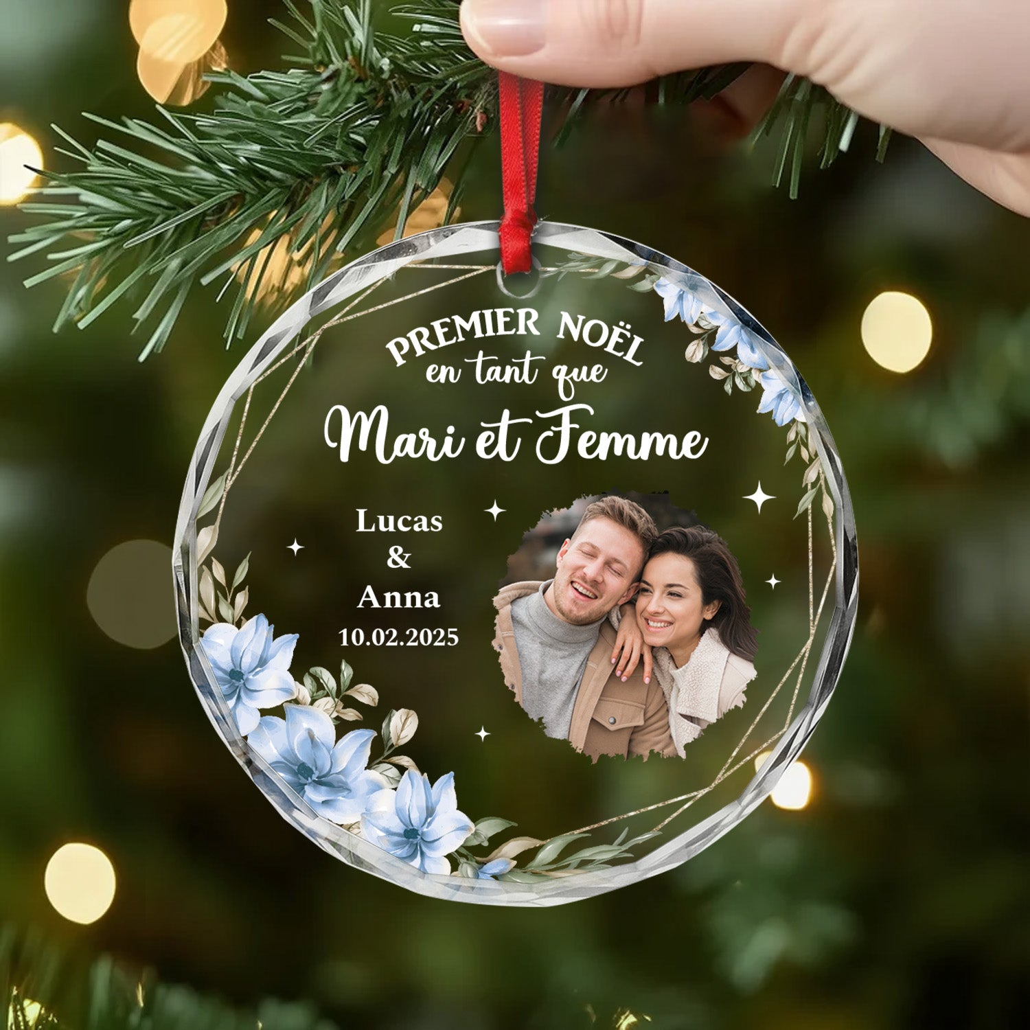 6066OFR2 ornement en verre personnalise couple avec photo premier noel maries 6066o