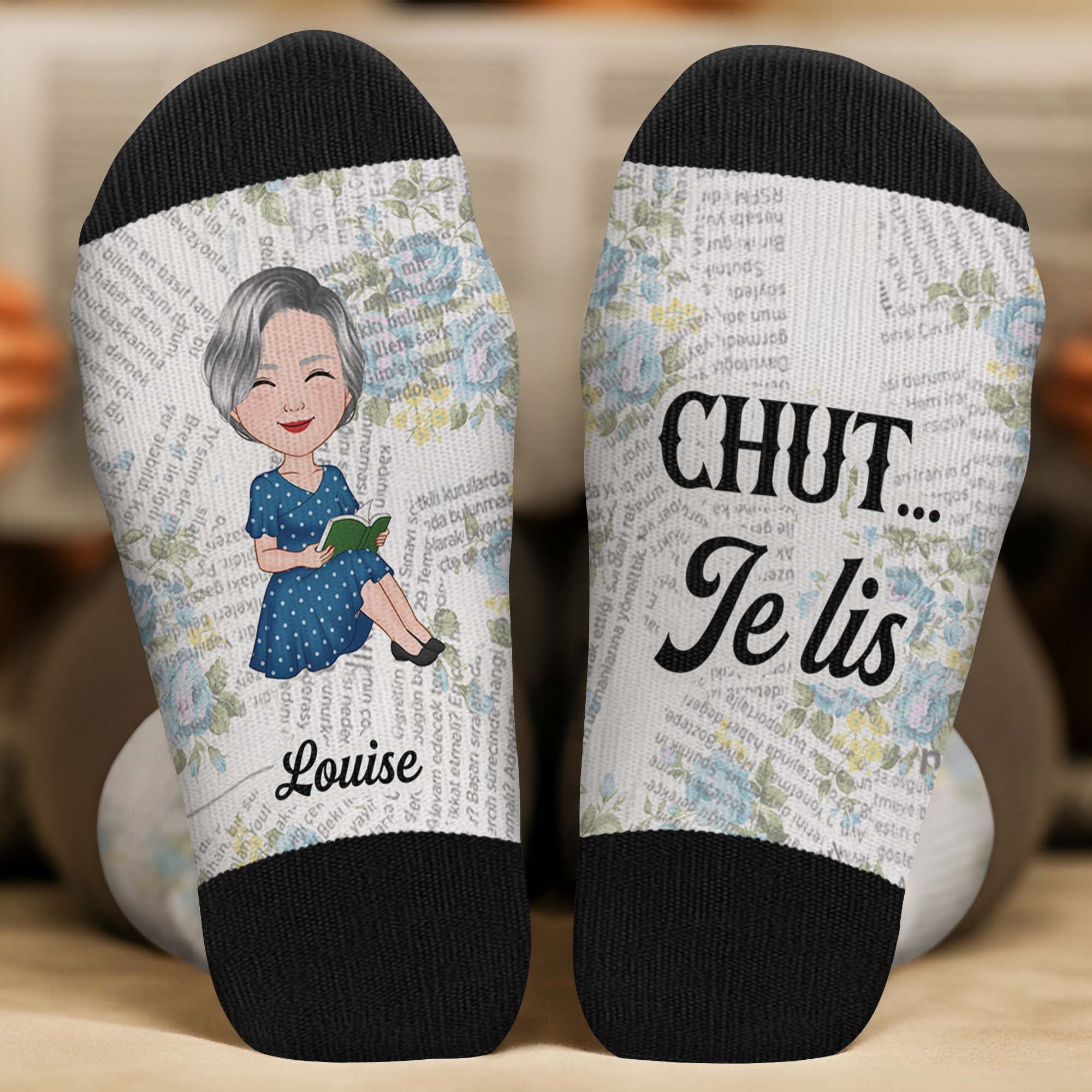 6101JFR1 chaussettes personnalisees pour femme qui aime les livres chut je lis 6101j3laa_2