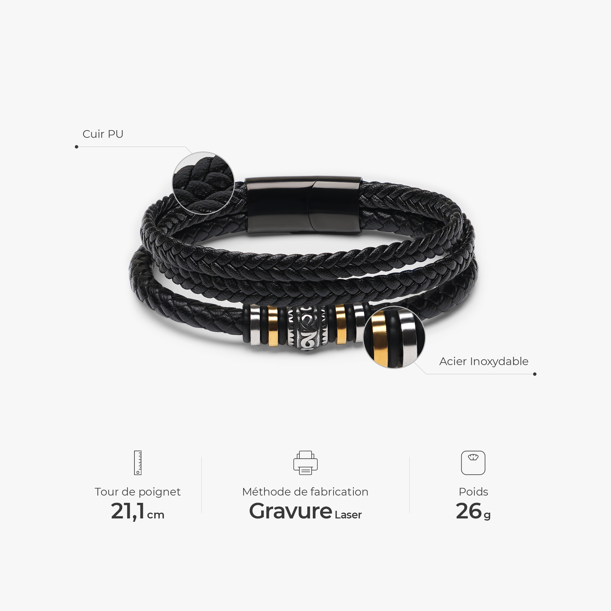 6110JFR3 bracelet en cuir tresse personnalise pour homme cadeau pour papa et papy 6110j0b0b