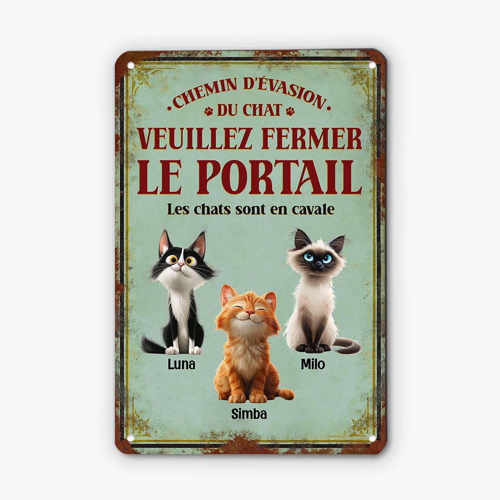 6267EFR2 plaque en metal personnalise avec chat veuillez fermer le portail 6267e8qmd