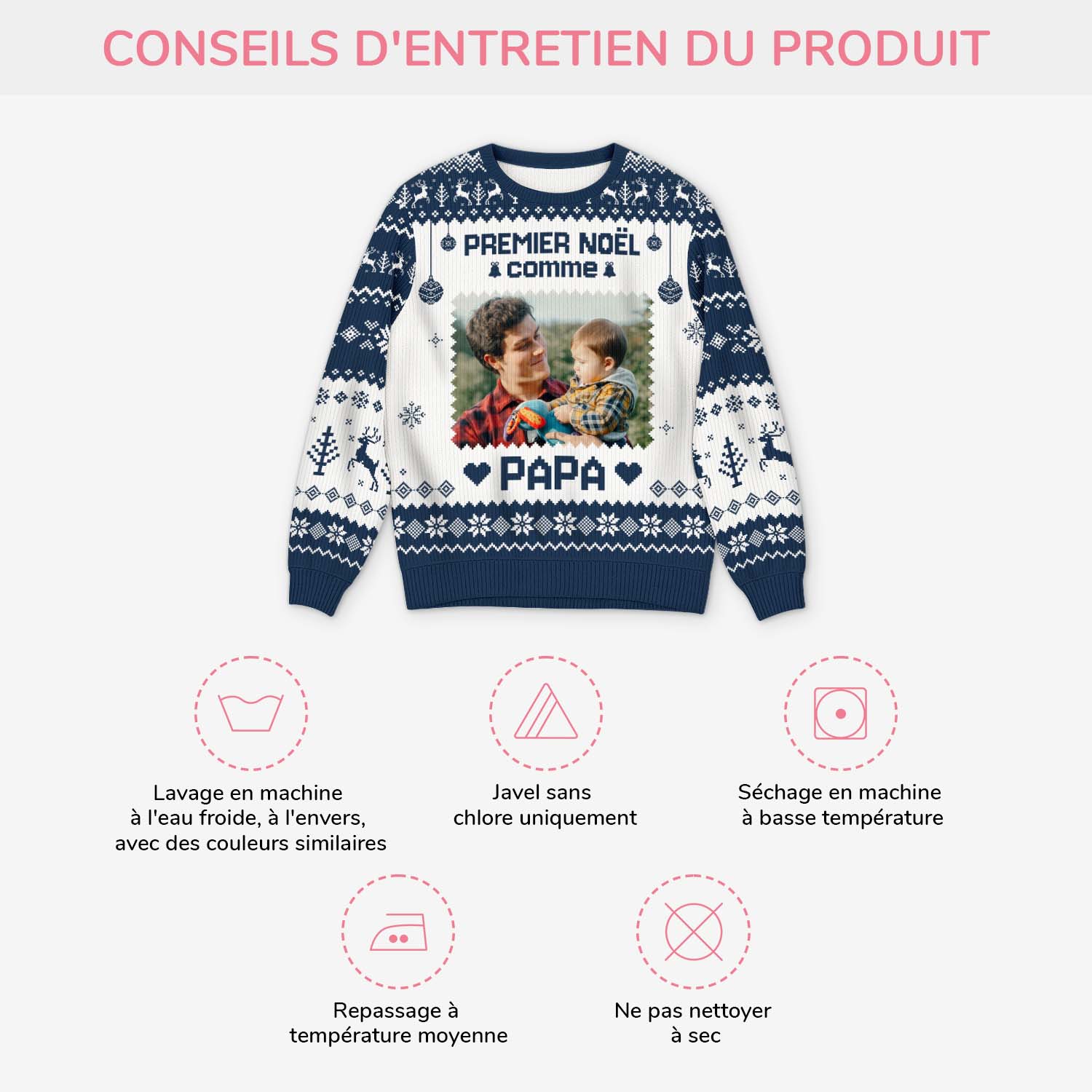 6307WFR4 pull moche de noel personnalise avec photo premier noel comme papa maman 6307wkhnb