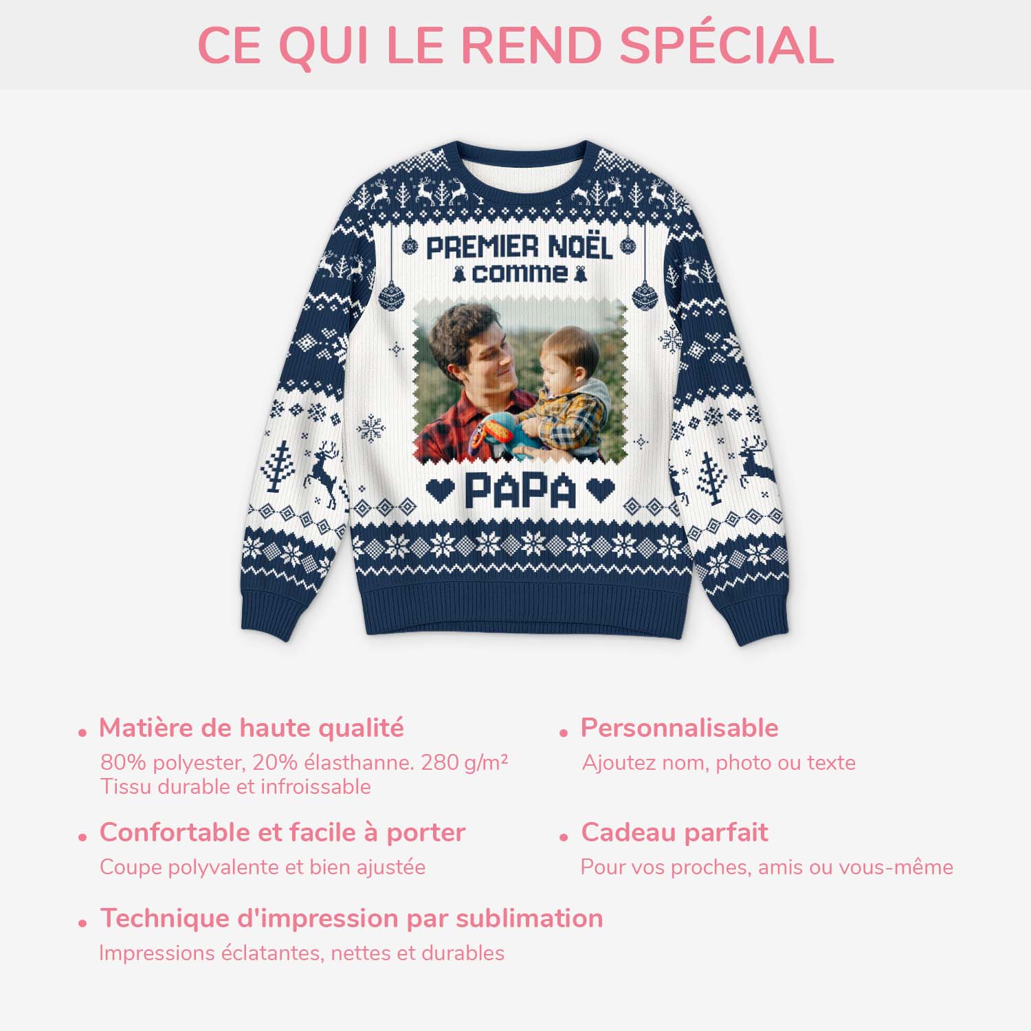 6307WFR5 pull moche de noel personnalise avec photo premier noel comme papa maman 6307wkhnb