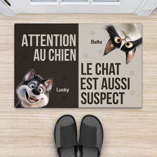 6354DFR2 paillasson personnalise chat avec chien attention au chat 6354d