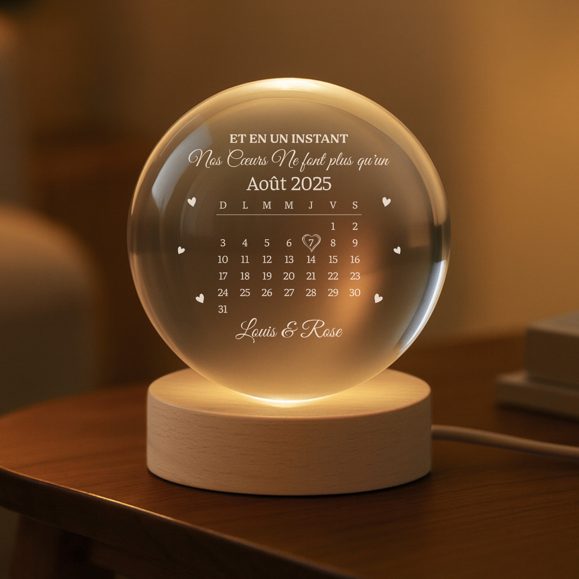 6387LFR2 veilleuse boule de cristal personnalisee couple avec calendrier nos coeurs 6387l8qng