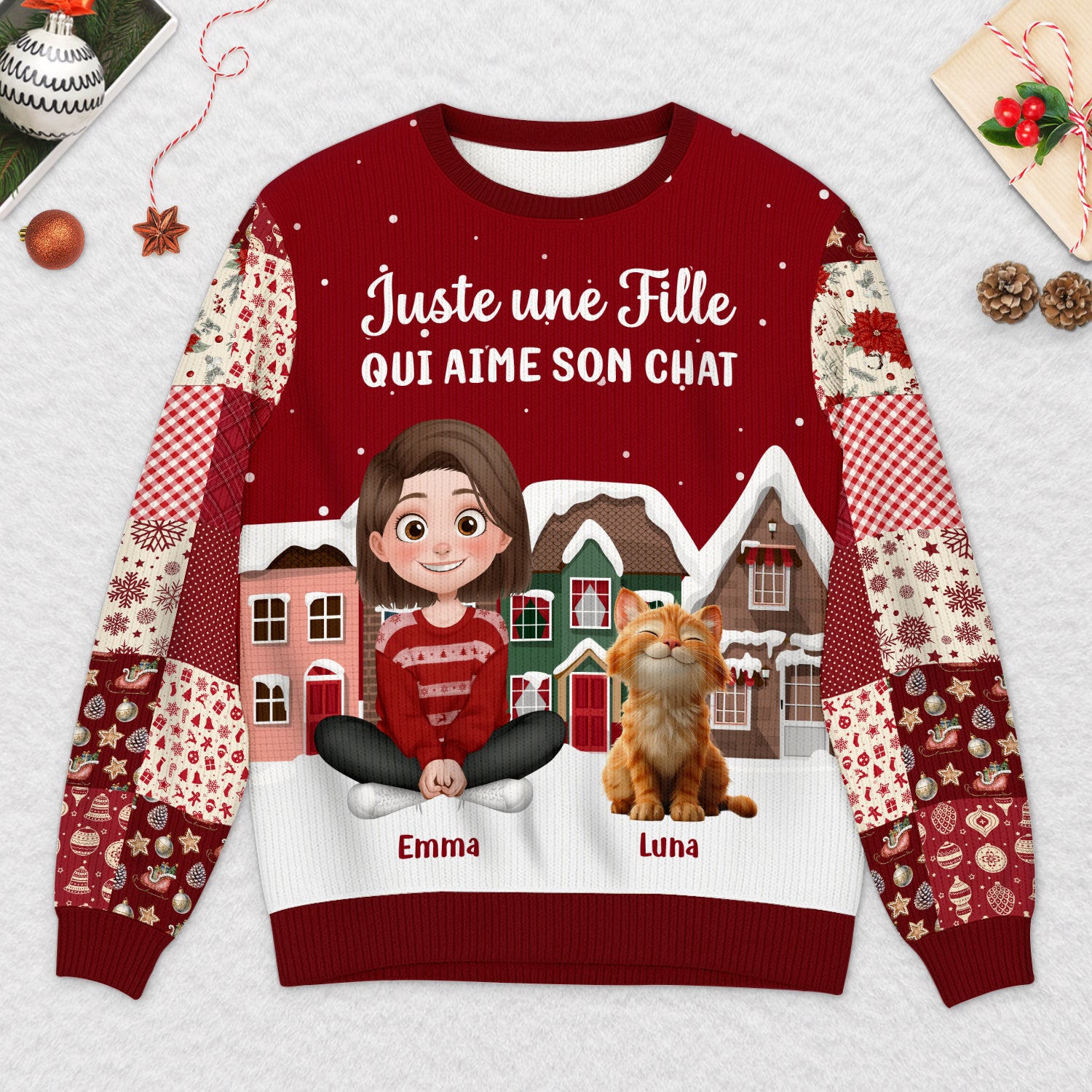 6405WFR2 pull de noel moche personnalise juste une fille qui aime son chat 6405wtvzd