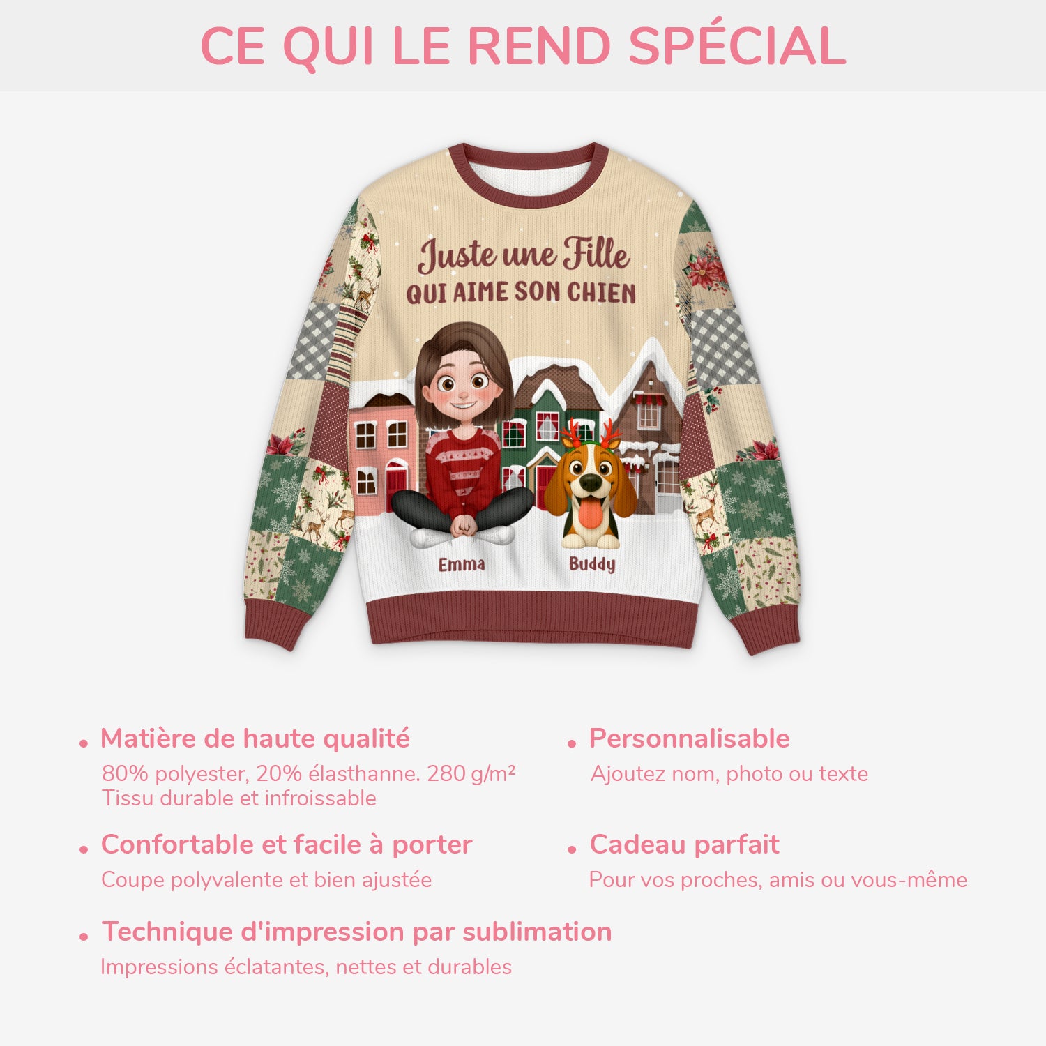 6405WFR5 pull de noel moche personnalise juste une fille qui aime son chien 6405wtvzc