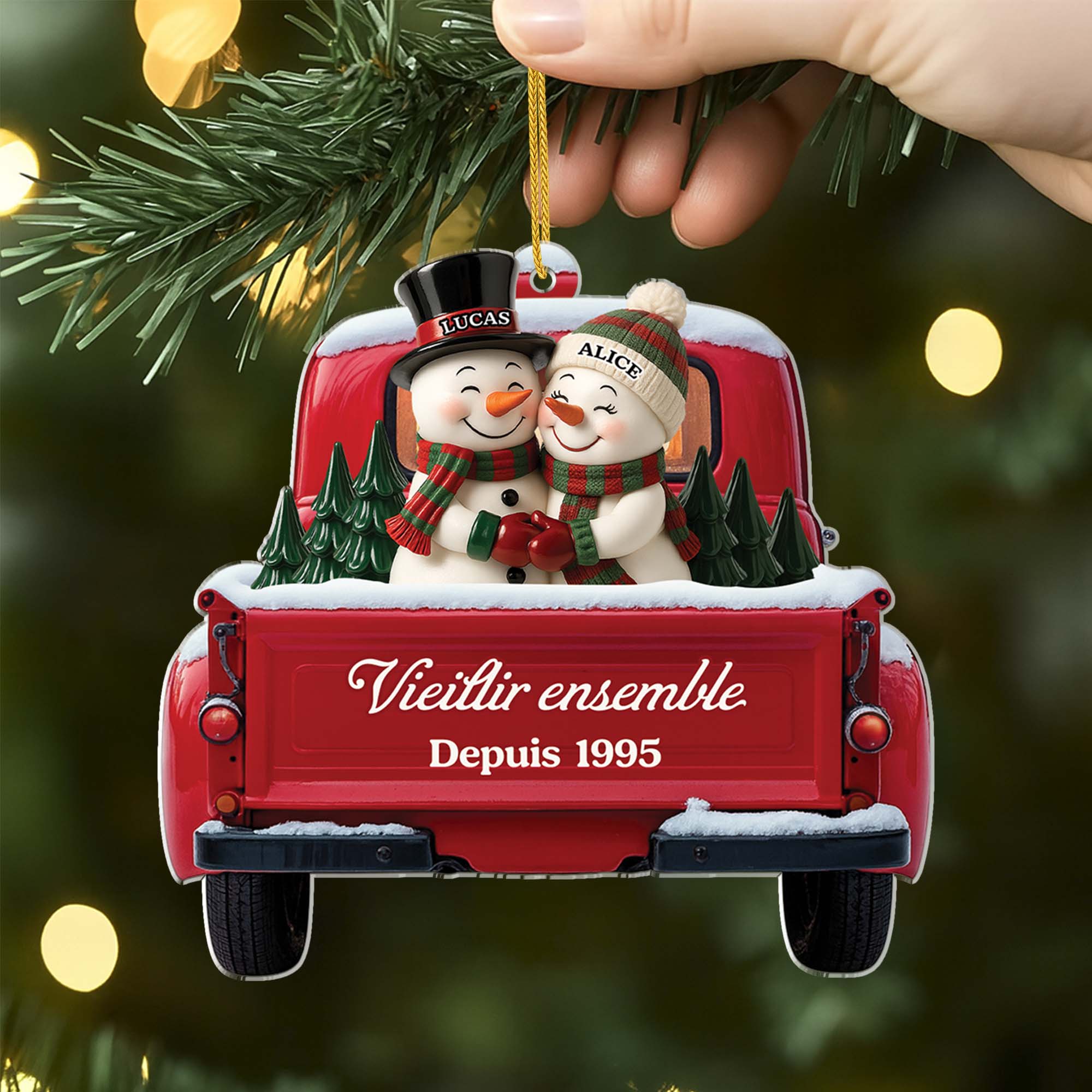 6447OFR2 effet dimpression 3d ornement acrylique personnalise couple bonhomme de neige et camion rouge 6447otq5g