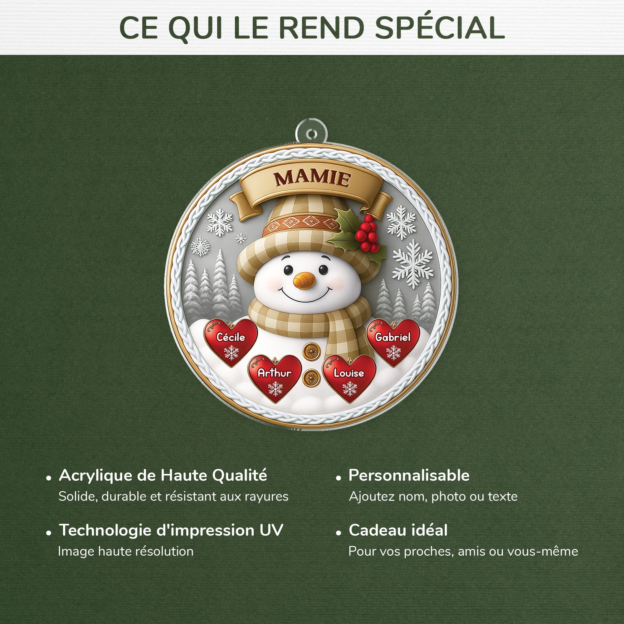 6451OFR4 effet dimpression 3d ornement noel acrylique personnalise maman mamie bonhomme de neige avec coeur 6451o8qma