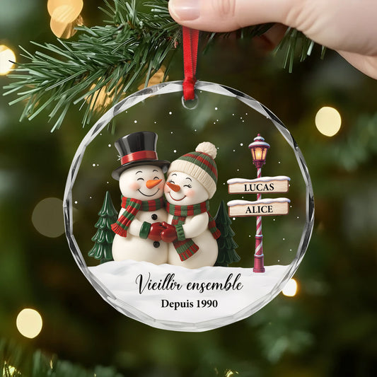 6477OFR2 ornement noel en verre personnalise vieillir ensemble couple bonhomme de neige 6477o3t0g