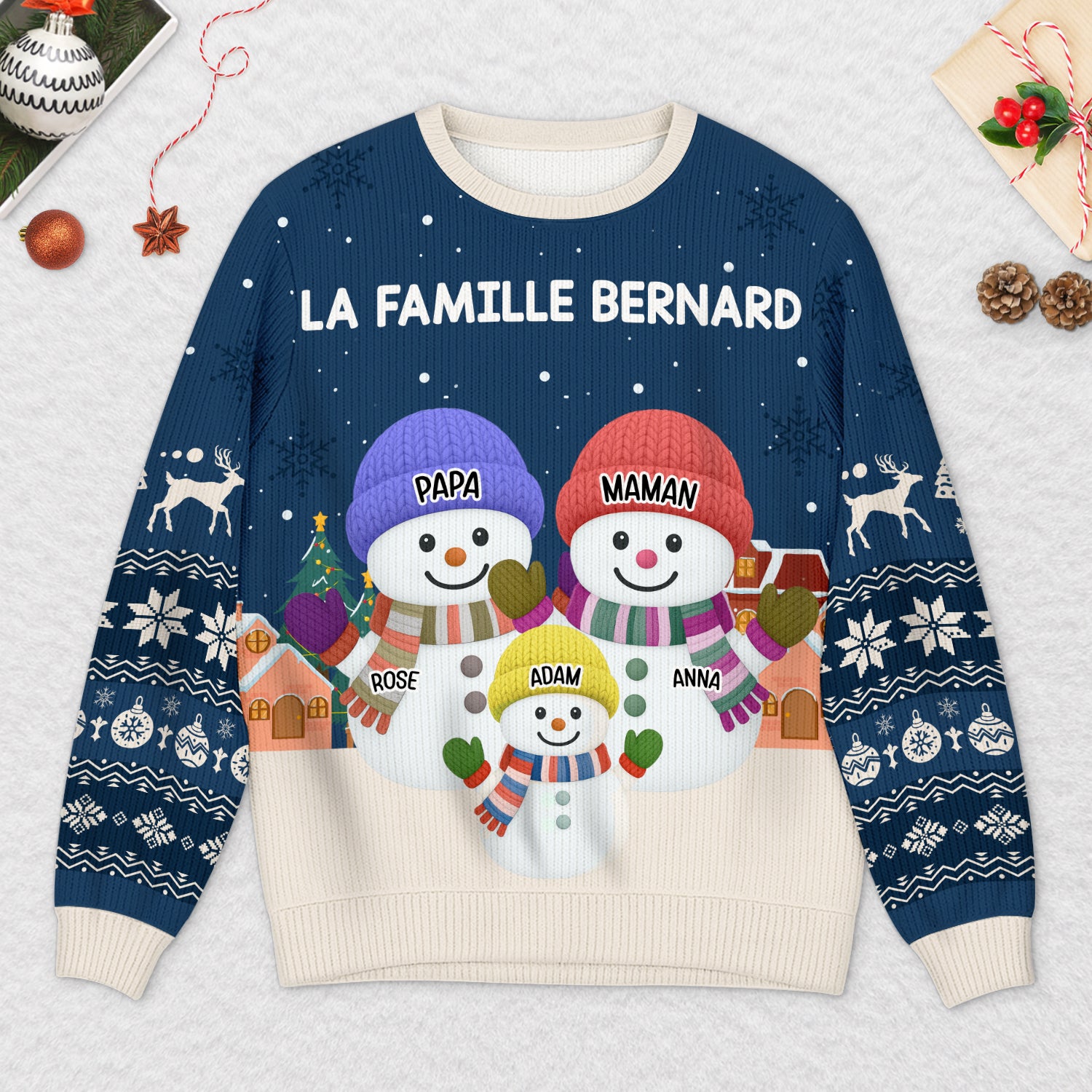 6541WFR2 pull moche personnalise famille bonhomme de neige pour noel chaleureux 6541wtnci