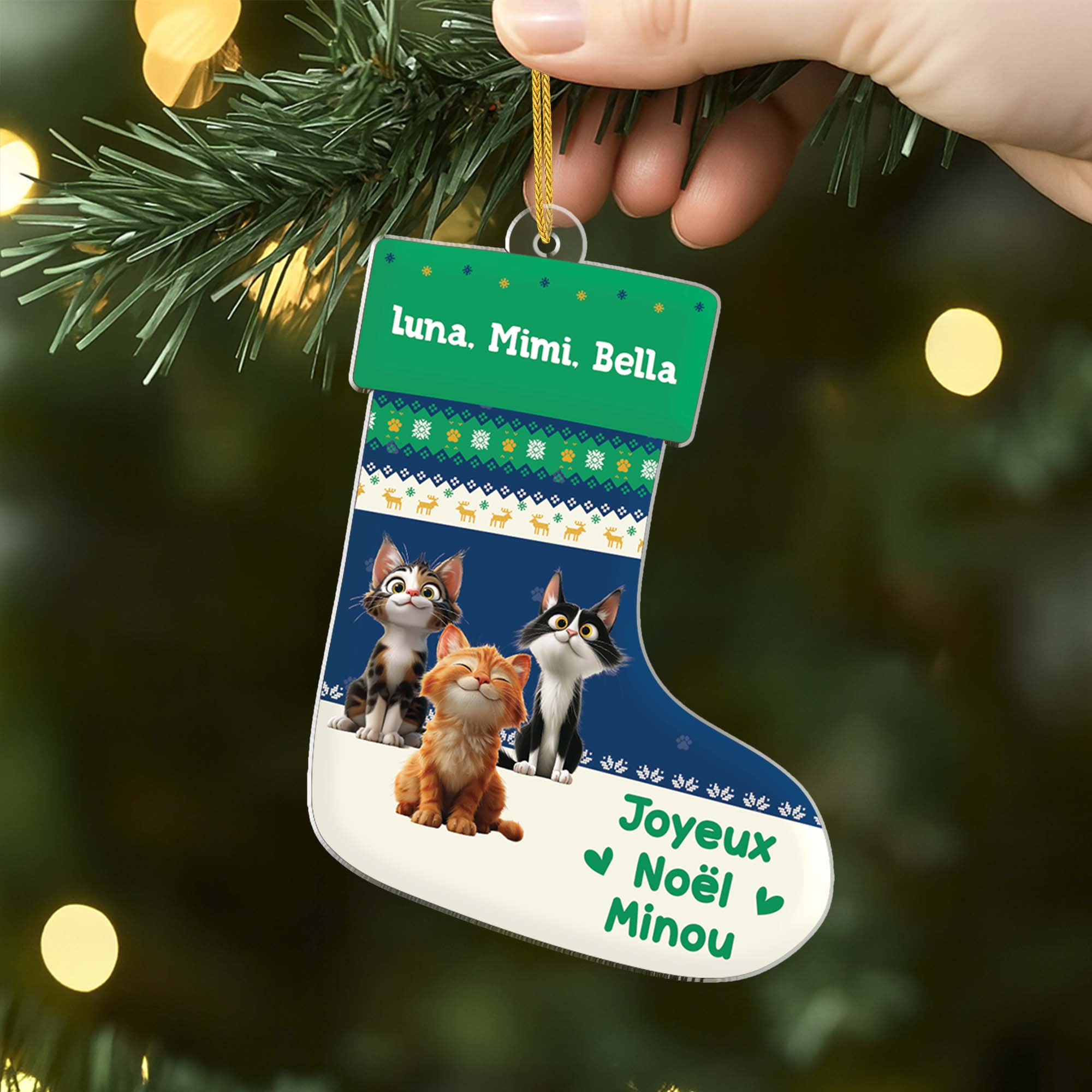 6573OFR2 ornement acrylique personnalise chaussette de noel chat joyeux miaouel 6573otqad