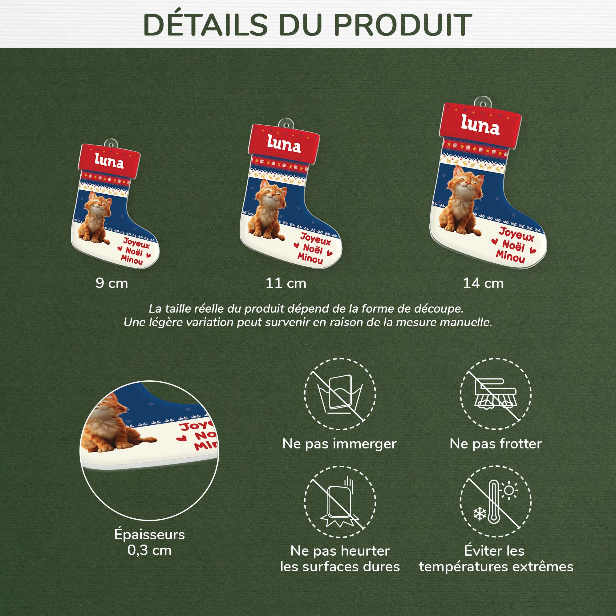 6573OFR3 ornement acrylique personnalise chaussette de noel chat joyeux miaouel 6573otqad