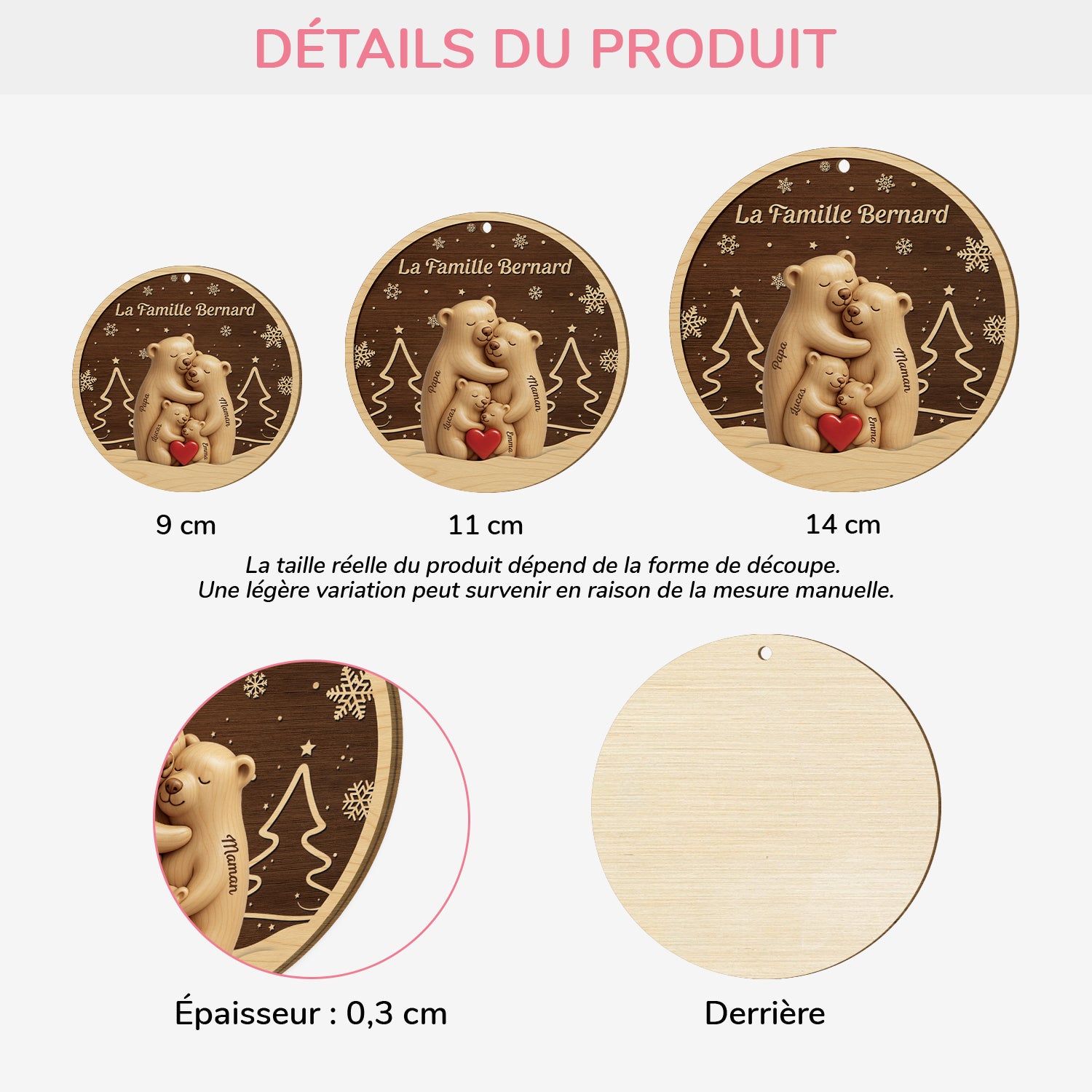 6784OFR3 effet dimpression 3d ornement noel en bois a 1 couche personnalise la famille ours 6784o3tmi