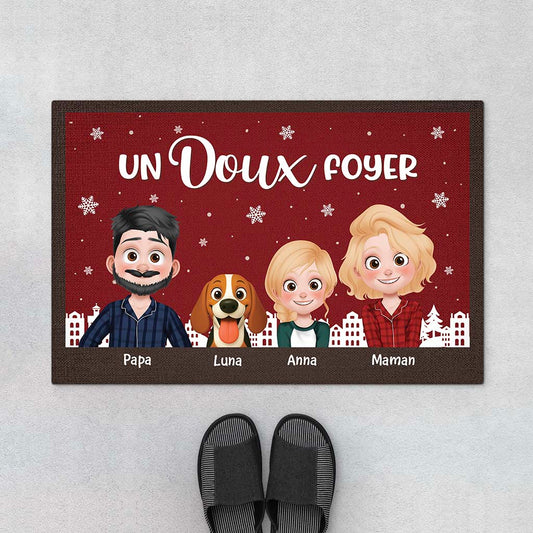 6943DFR1 paillasson personnalise pour famille avec chatchien un doux foyer a noel 6943d3yti