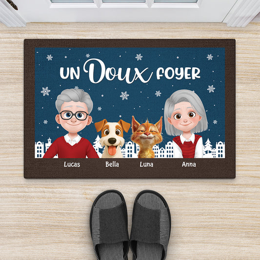 6943DFR2 paillasson personnalise pour famille avec chatchien un doux foyer a noel 6943d3yti