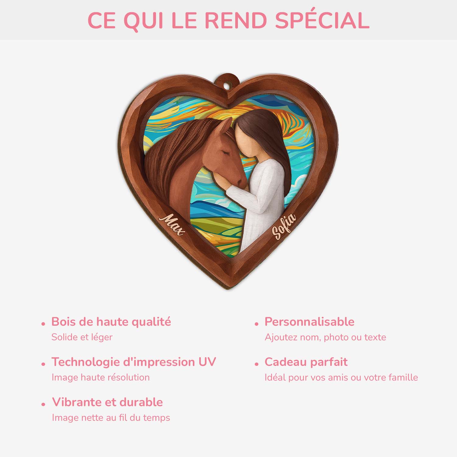 7135OFR4 ornement noel en bois a 2 couche personnalise entre une fille et son cheval 7135o3l5u