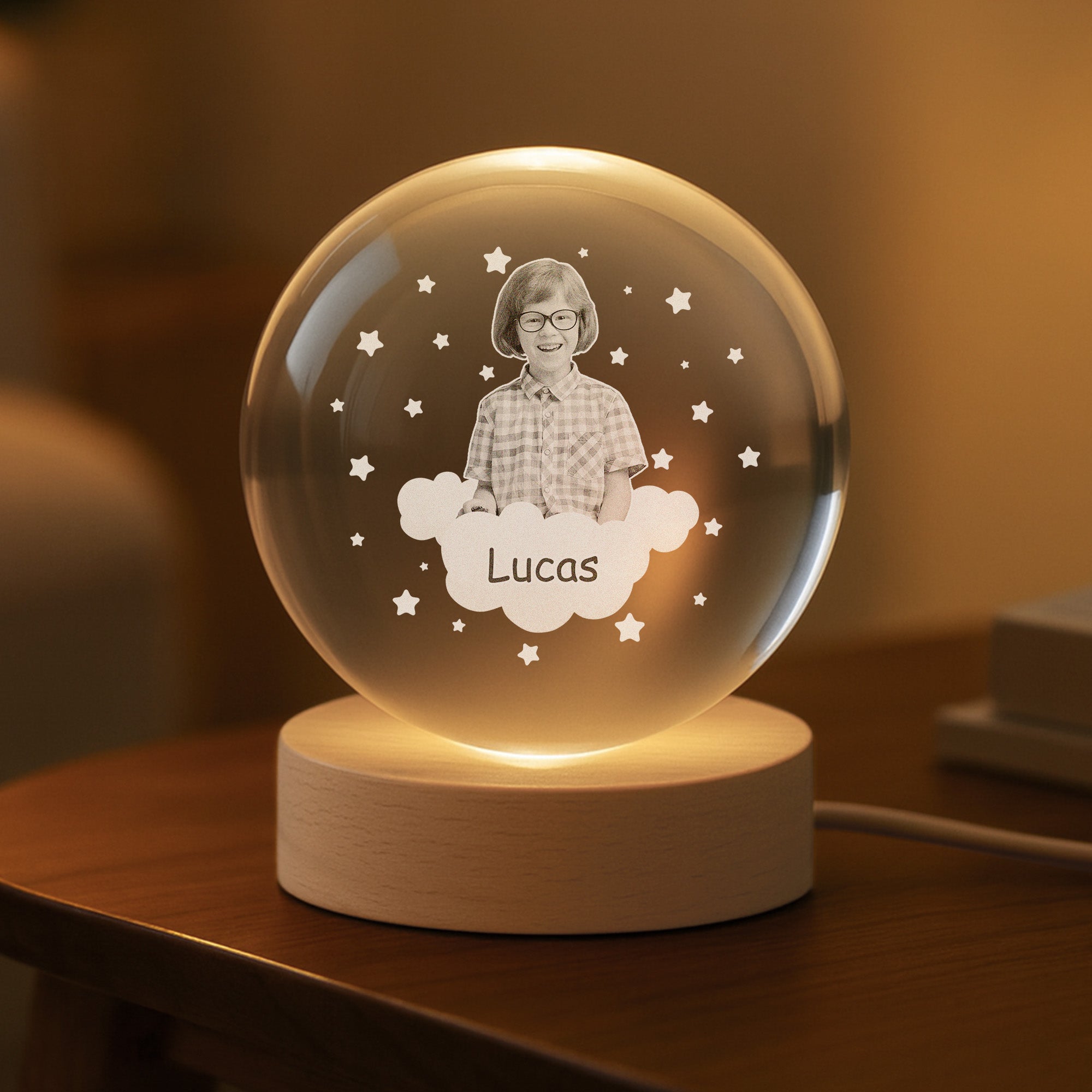 7356LFR2 veilleuse boule de cristal personnalisee avec photo enfant mon bebe et les etoiles 7356lkq5k